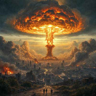 The primary subject of the image is a large mushroom cloud, which is the main object, scene, or focus of the image. The setting is a cityscape, with buildings and a road visible in the background. The visual style is digital art, as the cloud is depicted in a detailed and realistic manner. The colors and mood of the image are dramatic and intense, with the cloud being the dominant color and creating a sense of danger and chaos.